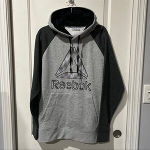 Men’s Reebok Hoodie Size Large Gray Black Colorblock Pullover Sweatshirt Cotton